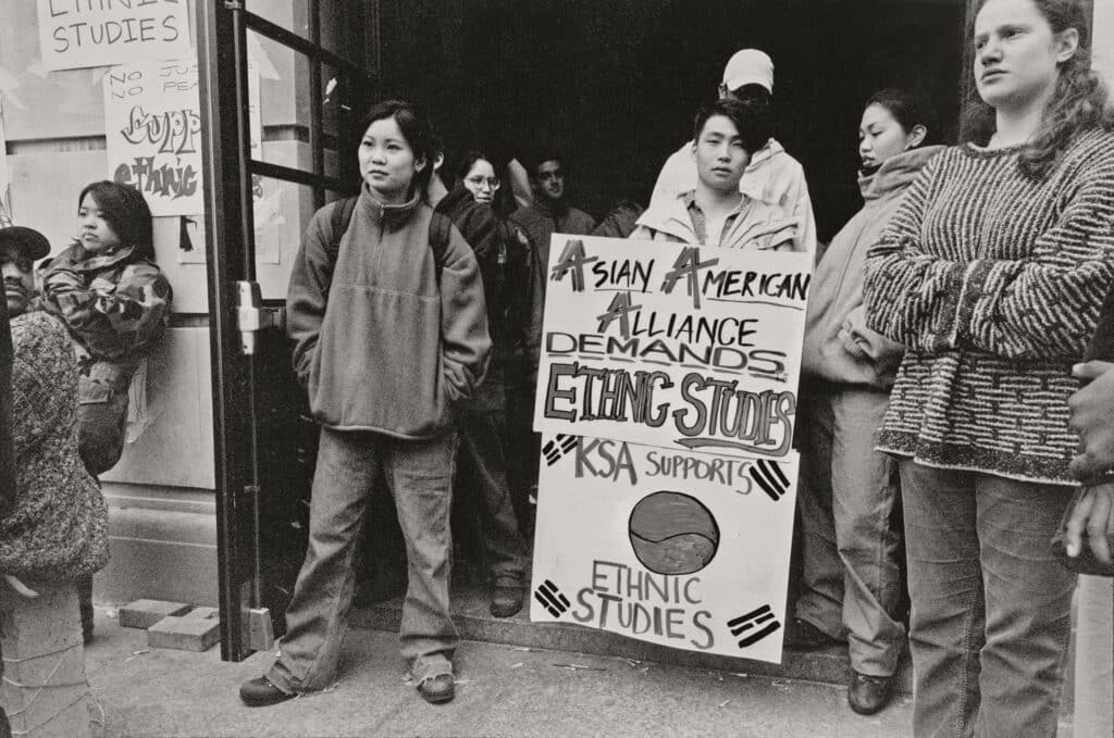 In 1996 students at Columbia University demanded the creation of an ethnic studies program, including Asian American and Latino studies. Some students went on a hunger strike and occupied a building. The campaign led to the formation in 1998 of the Center for the Study of Ethnicity and Race. New York, 1996 © 2024 by the Estate of Corky Lee