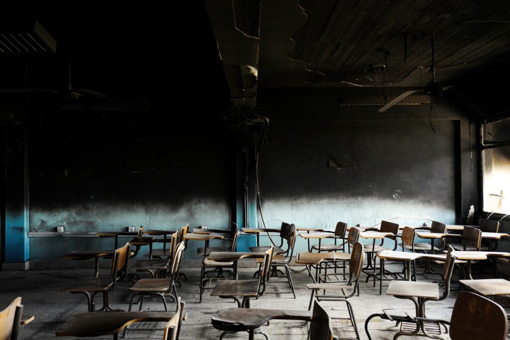 Burned out classroom, Mosul, Iraq, 2017