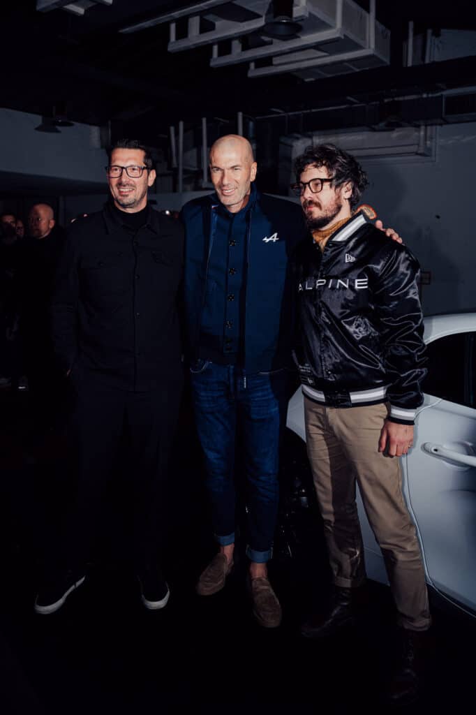 Antony Villain, Zinédine Zidane and Mathieu César at the Alpine A110 Monochromatic launch party © Alpine