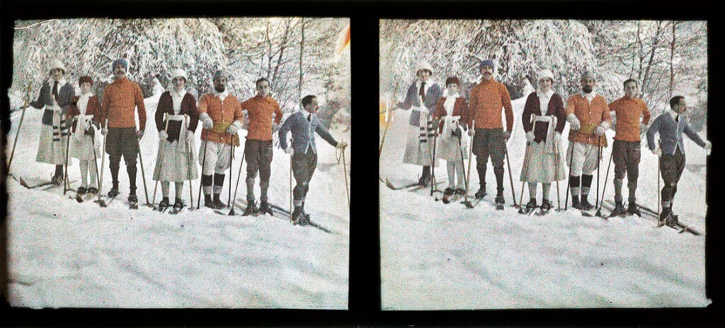 Georgette Lelong, Yvonne Bourgeois, Berg, Germaine Bourgeois, le docteur André, Jacques Henri Lartigue et Francis Pigueron, photographiés par Victor Folletête avec l’appareil de Lartigue, Chamonix, 21 janvier 1914 J. H. Lartigue © Ministère de la Culture, France, MPP - AAJHL