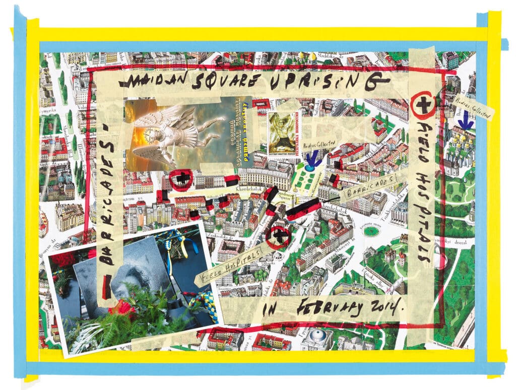 Map of Maidan Square identifying barricades and medical tents. Maidan Square, Maidan uprising, Kyiv, Ukraine, 2014 © Larry Towell / Magnum Photos