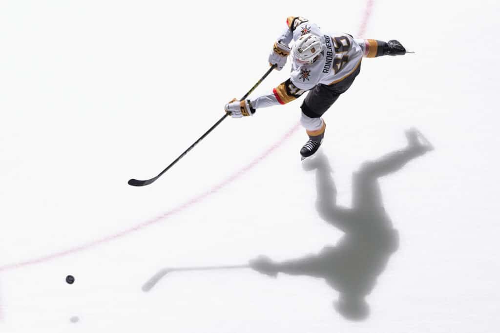 ELMONT, NEW YORK - JANUARY 23: Jonas Rondbjerg #46 of the Vegas Golden Knights warms up prior to a game against the New York Islanders at UBS Arena on January 23, 2024 in Elmont, New York. © Bruce Bennett / Getty Images