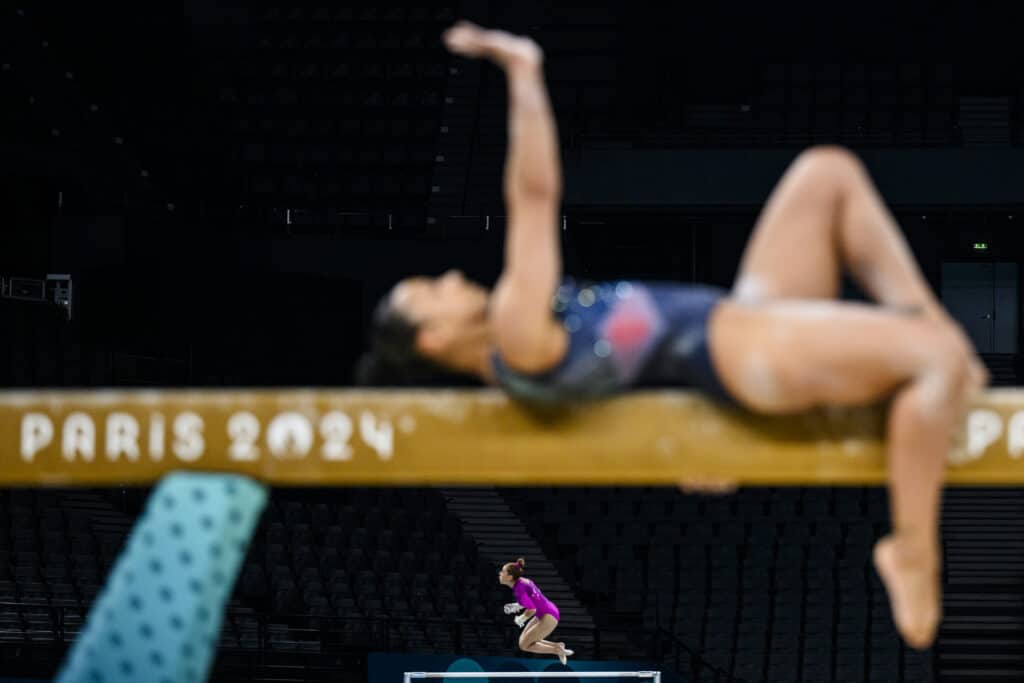 PARIS, FRANCE - JULY 25: Ahtziri Sandoval of Team Mexico trains on the uneven bars during a Gymnastics training session ahead of the Paris 2024 Olympics Games on July 25, 2024 in Paris, France. © Tom Weller