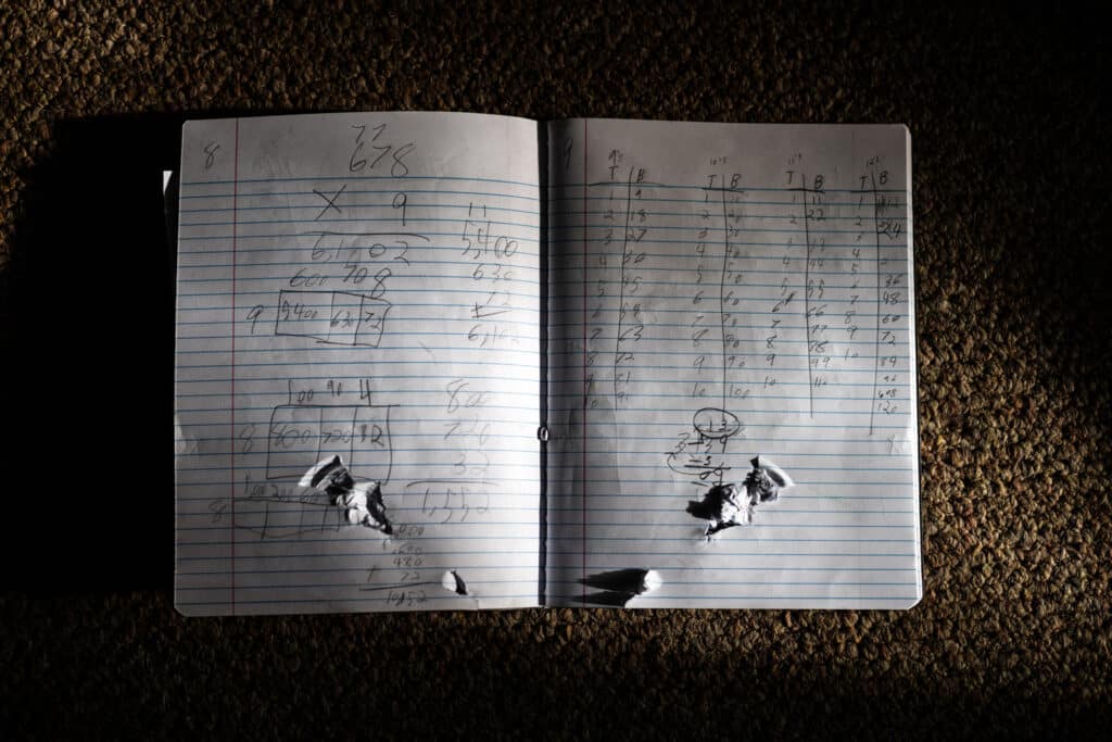 10-year-old Uziyah Garcia’s math notebook, which was closed when it was struck by a bullet during the mass shooting at Robb Elementary School, is seen in Uvalde, Tex., on June 1, 2022. Uziyah was among the 19 children and two teachers killed in the shooting. (Tamir Kalifa)