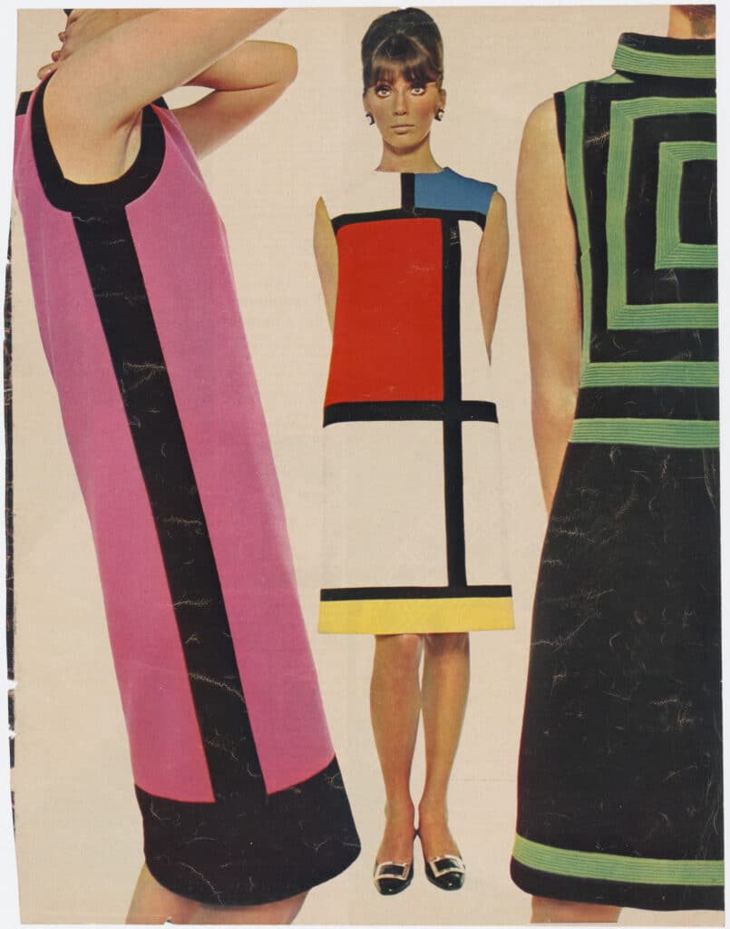 Peter Knapp. ELLE, septembre 1965. Robes de cocktail de la collection haute couture automne-hiver 1965 dite « hommage à Piet Mondrian ». Avec l’aimable autorisation d’Yves Saint Laurent / Jeanne Lanvin-Castillo / Peter Knapp.